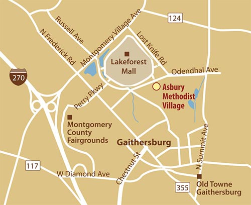 Area map around Asbury Methodist Village, Gaithersburg, Maryland.