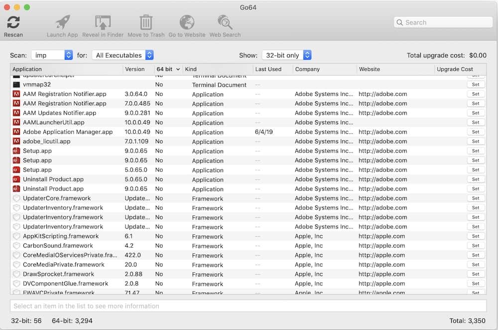 Go64 report showing non-64 bit applications. Worth noting: the Apple applications will be taken care of automagically by Apple. Most of the flagged Adobe applications are old, obsolete utilities. Adobe has a bad habit of not cleaning up after itself when updates are installed, and some of these leftovers are a decade old or more. Click on image for a larger view.