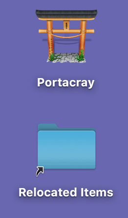 

Following a MacOS Catalina installation, you may notice a folder on your desktop called Relocated Items. In this screenshot, "Portacray" is the name of the computer's hard drive, complete with a custom icon. That's irrelevant to the Relocated Items, but some have asked if the drive name has any special meaning. Nope; it is just a nerd joke.