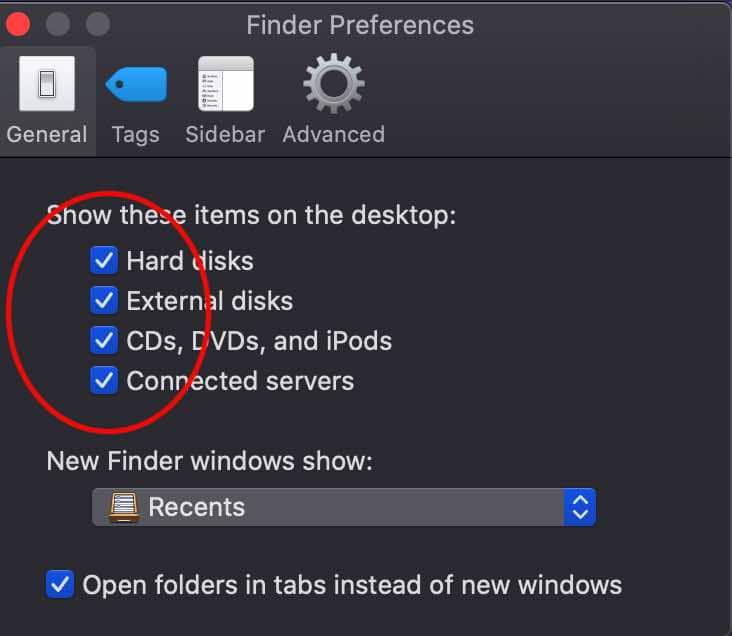 In the Finder, select Finder > Finder Preferences > General and (recommended) check the boxes for Hard disks; External disks; CDs, DVDs, and iPods; and Connected servers. Why? It will give you a visual indication that a device or volume is available and mounted.