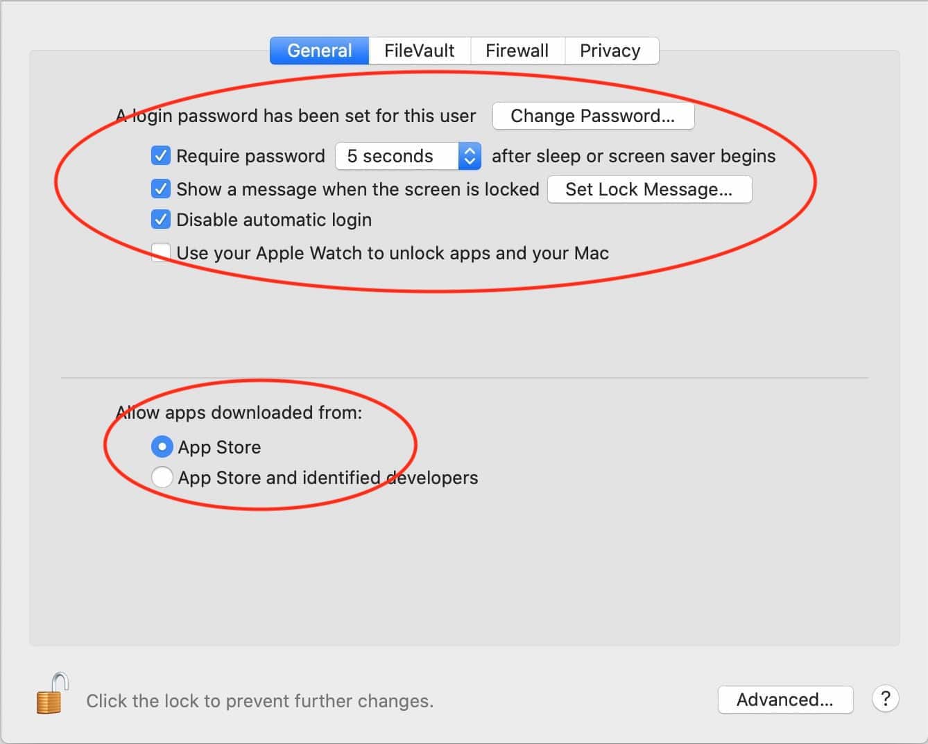 Set your general preferences as shown. If you have an Apple Watch, you can also check the box for allowing your Apple Watch to unlock your Mac.