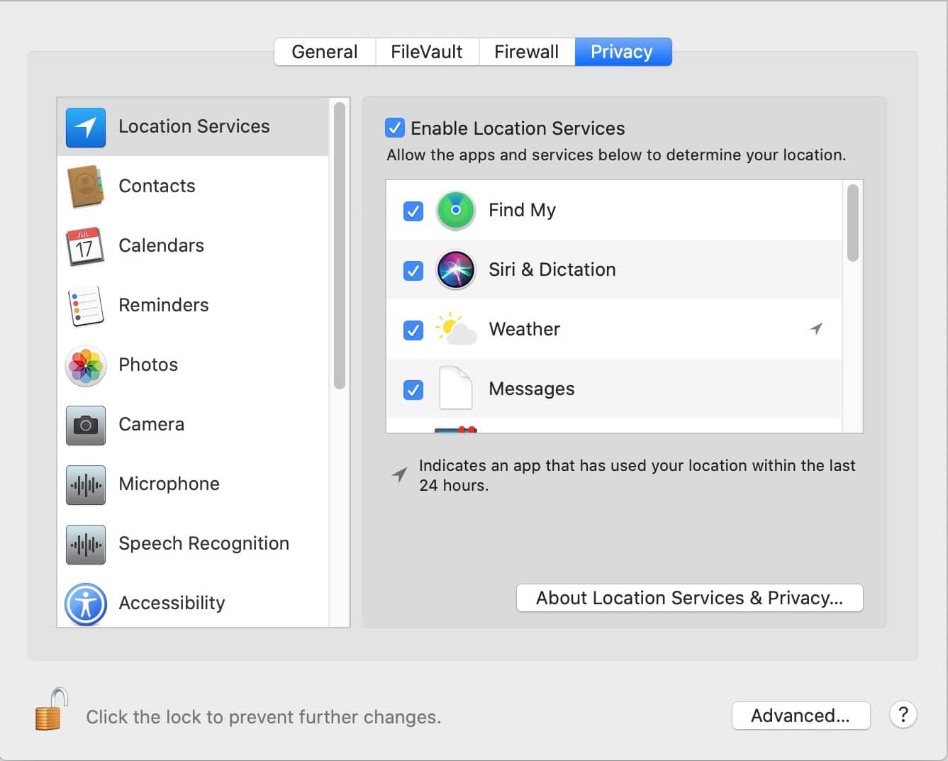 The security tab Privacy settings are complex, and allow you to approve or deny applications access to basic macOS capabilities.