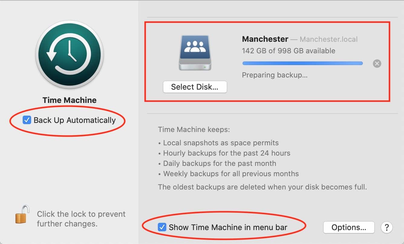 Make sure Time Machine has a disk to use for backup (look in the upper right next to Select Disk; in this case, the selected disk is called Manchester). Make sure that Back Up Automatically is checked. Optionally (but recommended), check the box for Show Time Machine in menu bar.