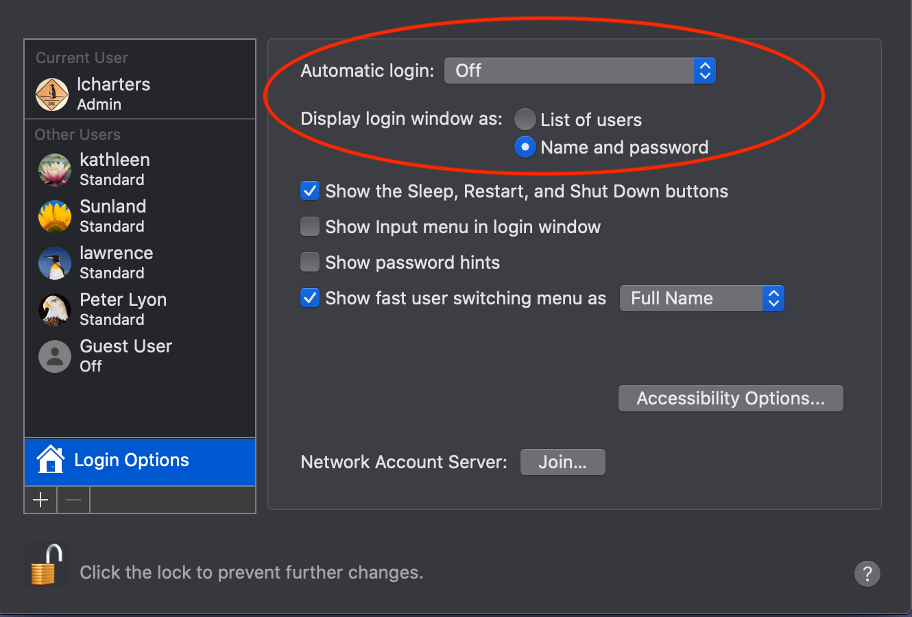 Set login options to prohibit automatic login, and prompt for the user name and password.
