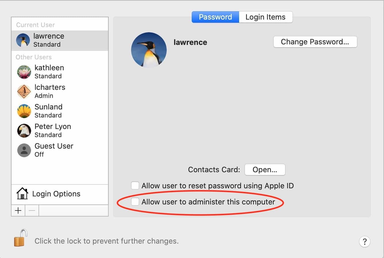 By selecting the checkbox, you can promote a standard user to an admin user. You don't want to do that; all day-to-day work should be done from a standard user account.