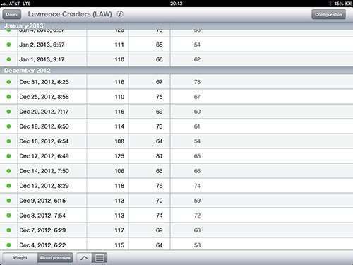 Withings blood pressure readings on an iPad in tabular view